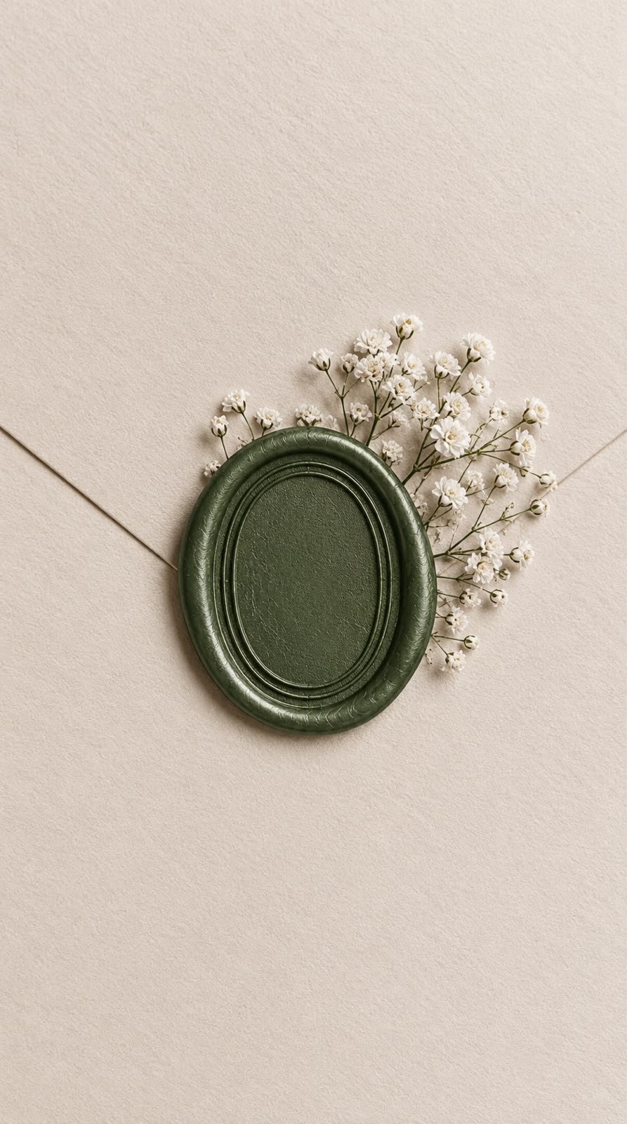 Envelope de papel claro fechado com um selo de cera verde e flores brancas